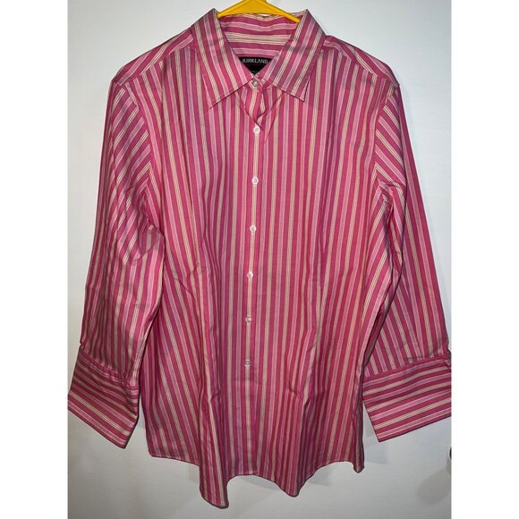 Kirkland Tops - Kirkland Signature Women's Striped Button-Up Shirt 3/4 Sleeve Pink & White Size